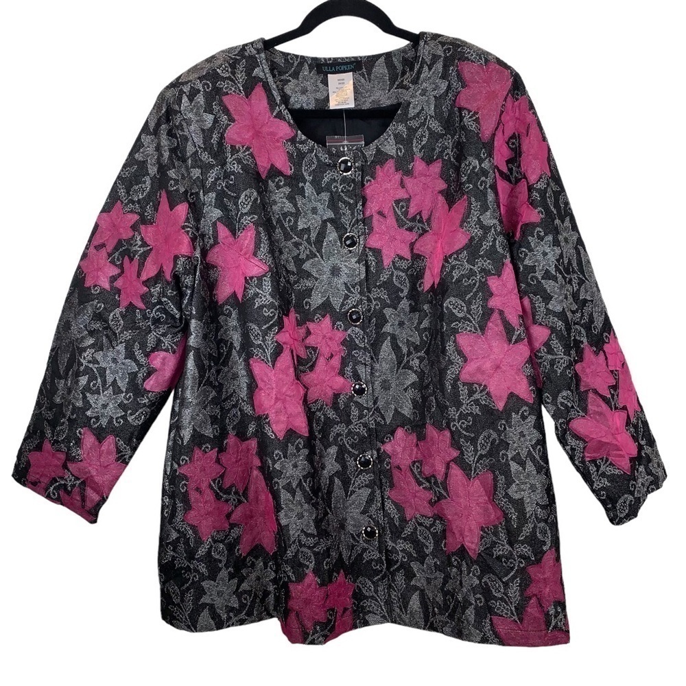 Ulla Popken NWOT Black Pink Jacquard Blazer Jacket Floral Relaxed Fit sz 20/22